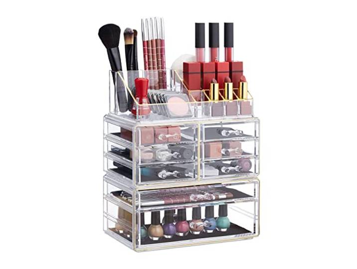 Relaxdays 2x Boîtes rangement maquillage\, organisateur\, produits cosmétiques\, 8 tiroirs compartiments\, acrylique\, transparent/doré
