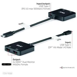 Club 3D Club3D MST-Hub USB 3.2 Typ C > 2x HDMI 4K60Hz +100W PD St/Bu retail (USB-C, 3 Ports), Dockingstation + USB Hub, Schwarz