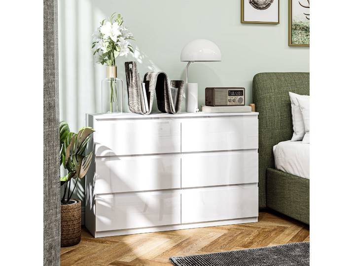 HOMCOM Commode Moderne 6 Tiroirs Blanc Brillant 112x34x75 cm