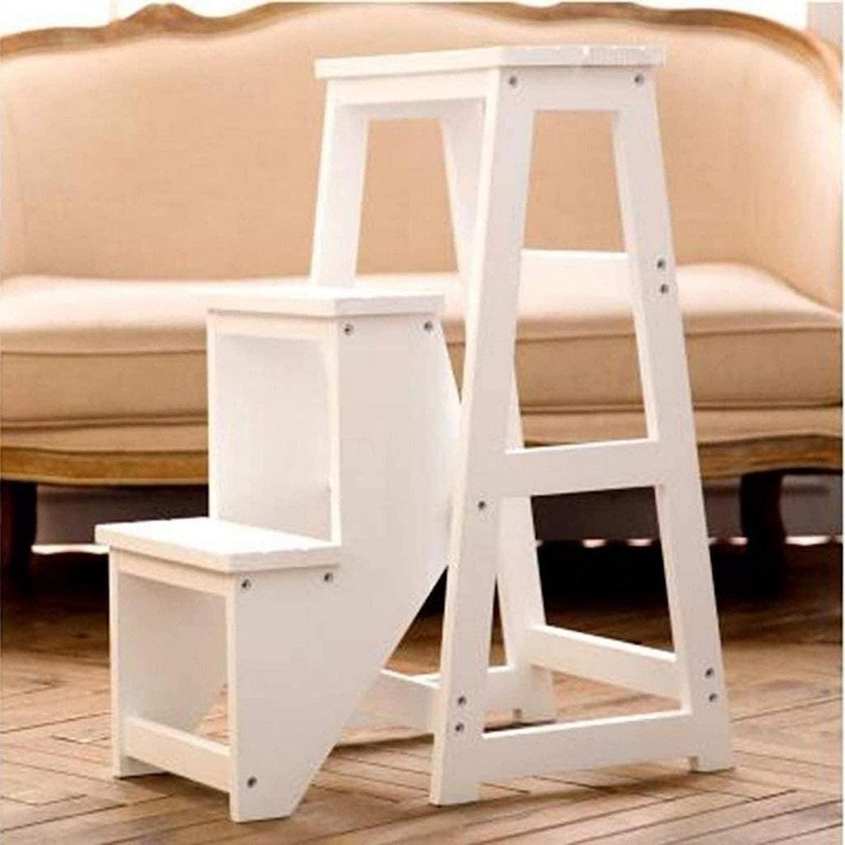 Wit houten ladderkruk met 3 treden voor huishoudelijke taken