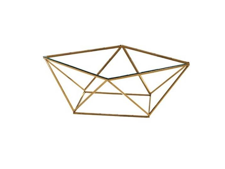 Table Basse ALINA Carrée Plateau Verre Trempé Transparent Pieds Gold 80x80x45cm
