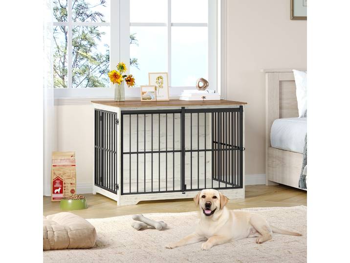 Cage pour chien de 110 cm, table d'appoint, niche moderne pour chien, cage pour chiot, maison pour animaux de compagnie, 2 portes, blanc et marron