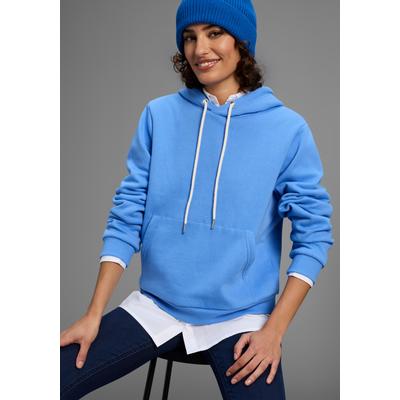 Kapuzensweatshirt DELMAO, Damen, Gr. 44/46, blau (hellblau), angeraute Sweatware, Obermaterial: 60% Baumwolle, 40% Polyester, unifarben, Basic, Basic hüftlang, Rippbündchen, Sweatshirts, unifarben, mit Kordelzug, hüftlange Basic-Passform