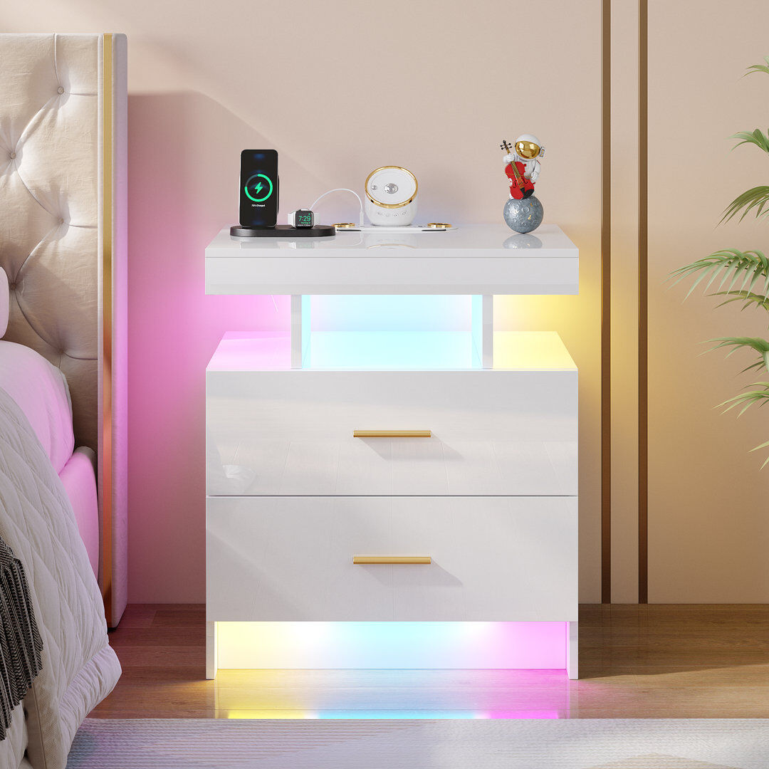 Metro Bedside Table with RGB Sensor Lights, Starlight Projections, Charging Station, Bluetooth and Speaker White 58cm H X 50cm W X 40cm D