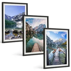 BILDER SET 3er Set - 40x60 cm Schwarzer Rahmen - Berge, Seen, Holzstege