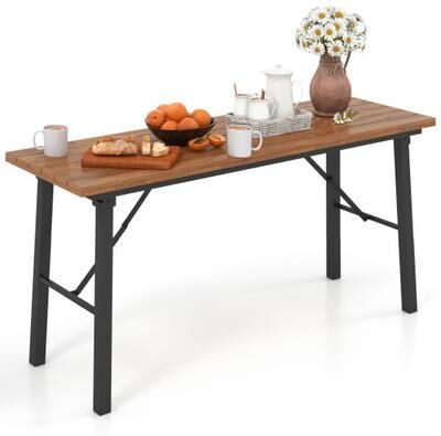 Costway Folding Picnic Table Acacia Wood Dining Table with Metal Frame for Indoor Outdoor Activities