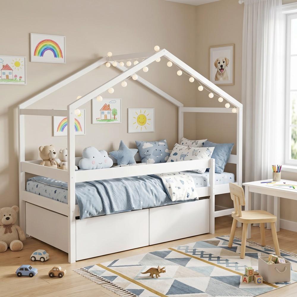 Hausbett MIKA/ Kinderbett 90x190 mit Matratze und 2 Schubladen- Weiß
