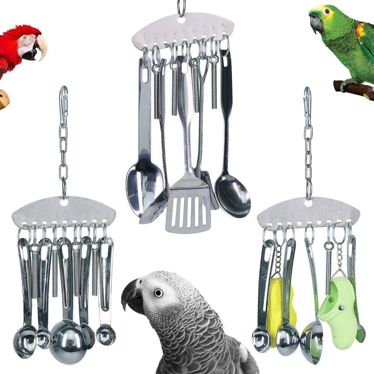 INF Edelstahl Papageien-Kauspielzeug mit Glocke — Hängendes Puzzle-Spielzeug für mittelgroße und große Papageien, Silber