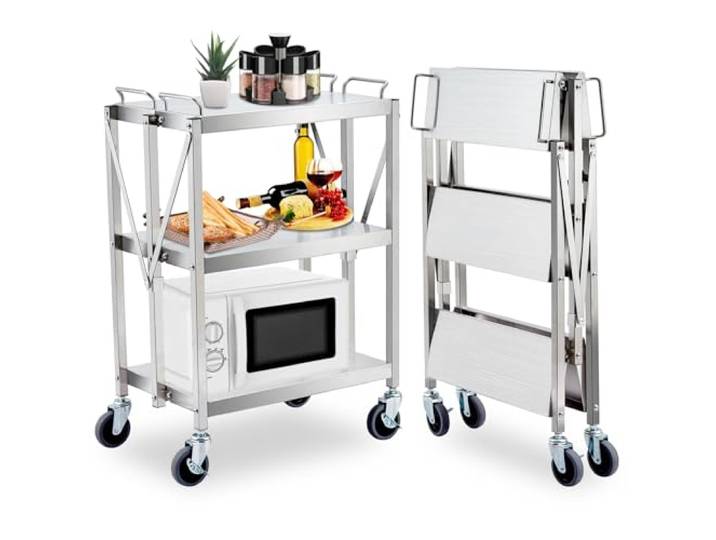 GarveeHome Edelstahl Servierwagen 3 Etagen, Faltbar Küchenwagen mit 4 Rollen, Lebensmittel Zubereitungstisch bis 200kg mit Bremsen, Rollwagen Metall Teewagen, Weinwagen, Getränkewagen 64x40x96cm