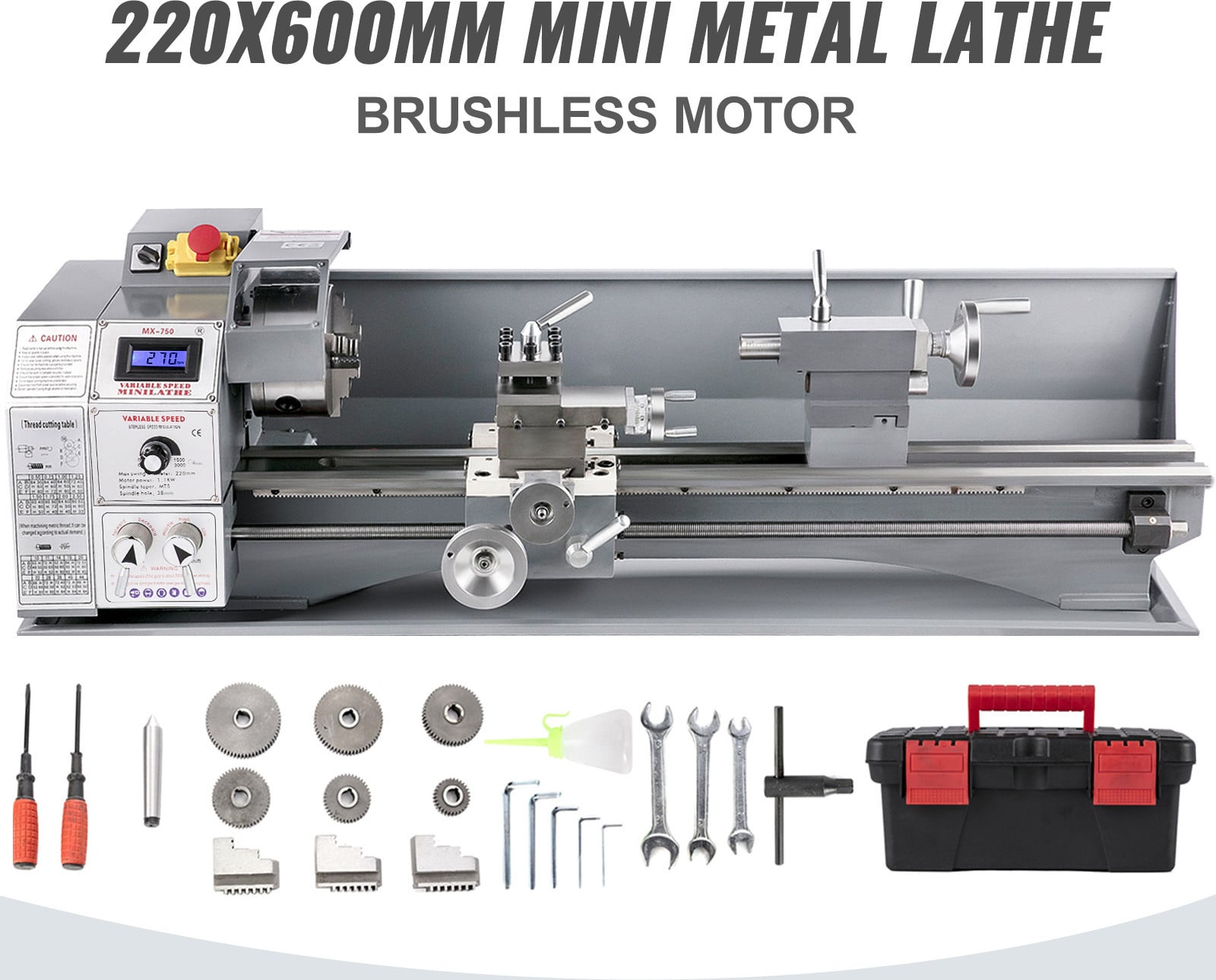 VEVOR Mini Draaibank 750W voor Metaalbewerking, 220 x 600 mm