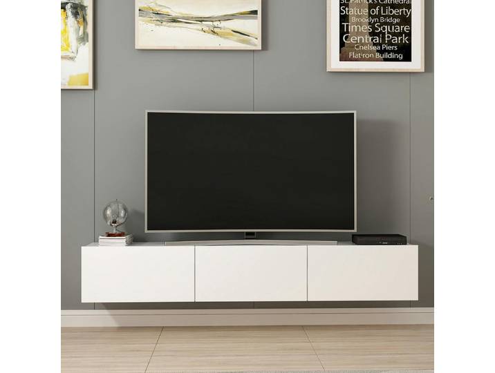 Meuble TV suspendu blanc 3 portes abattantes MARFA