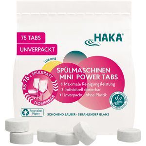 HAKA Spülmaschinentabs Mini Power Tabs, Zitrone, biologisch abbaubar, unverpackt, mikroplastikfrei, 75 Tabs