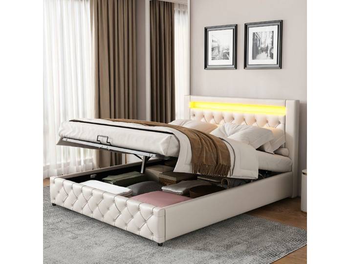 Lit coffre - VVBV - 140x200 cm - PU Blanc - Tête rembourrée LED - Coffre rangement