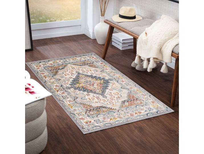LIVABLISS Tapis de Salon à Poils Courts Doux Vintage Oriental JADE 80x150cm Multicolore/Gris
