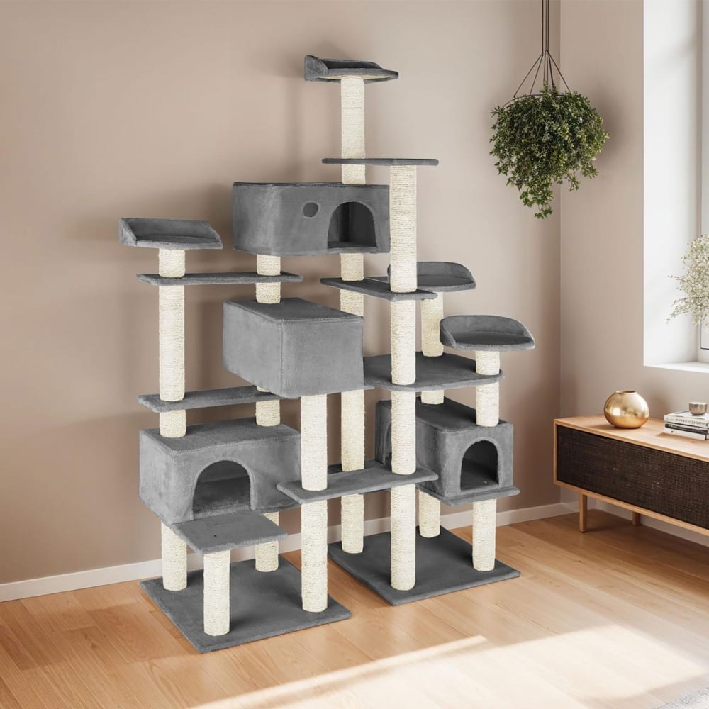 Tectake Arbre à chat griffoir escalade 214 cm avec corde en sisal gris Gris 138x214x60cm