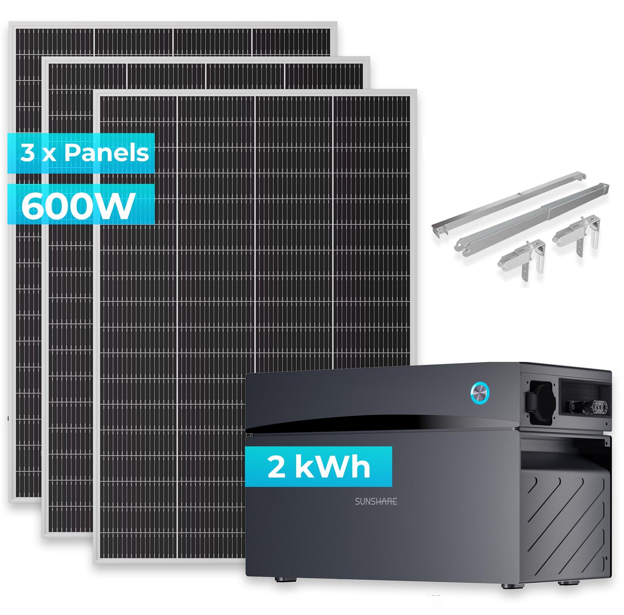 SUNSHARE Ray Lite 600W + 2 kWh Kapazität Balkonkraftwerk-Komplettset Glory Stromspeicher & Halterung - Modular erweiterbares Solarsystem
