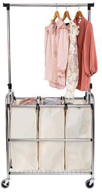Seville Classics Rolling 3-Bag Steel Laundry Sorter w/ Hanging Bar