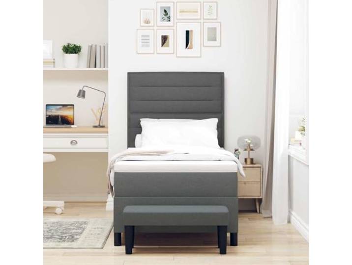 KTHLBRH Boxspringbett dunkelgrau 90 x 200 cm Stoff Kopfteil verstellbar, 2 Höhen, Struktur aus Holz, mittlere Unterstützung, einfache Montage