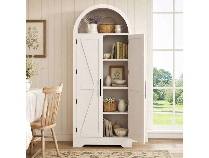 MEULVA Vitrine haute 2 portes en MDF blanc arche ouverte et étagères réglables 70 x 35 x 170 cm