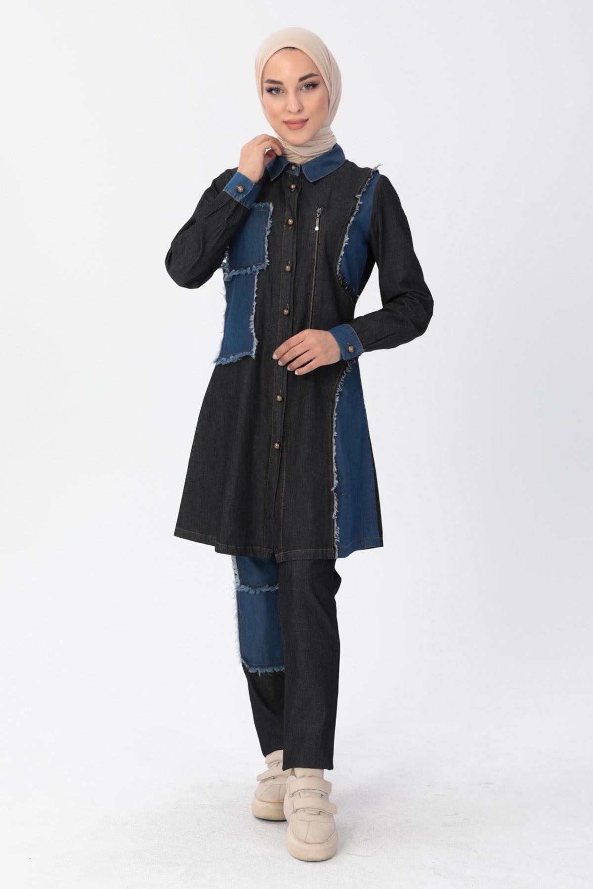Reißverschluss Detail Hijab Denim-Outfit Schwarz