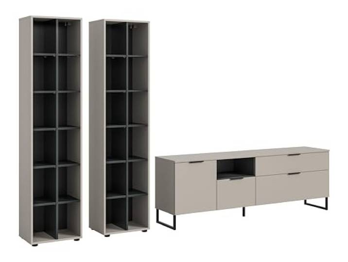 xonox.home – Wohnkombination Noida 305x192x41 cm in Kaschmir Nachbildung und Schwarz – Große Wohnwand-Kombination für Dein Wohnzimmer – stilvoll & vielseitig nutzbar