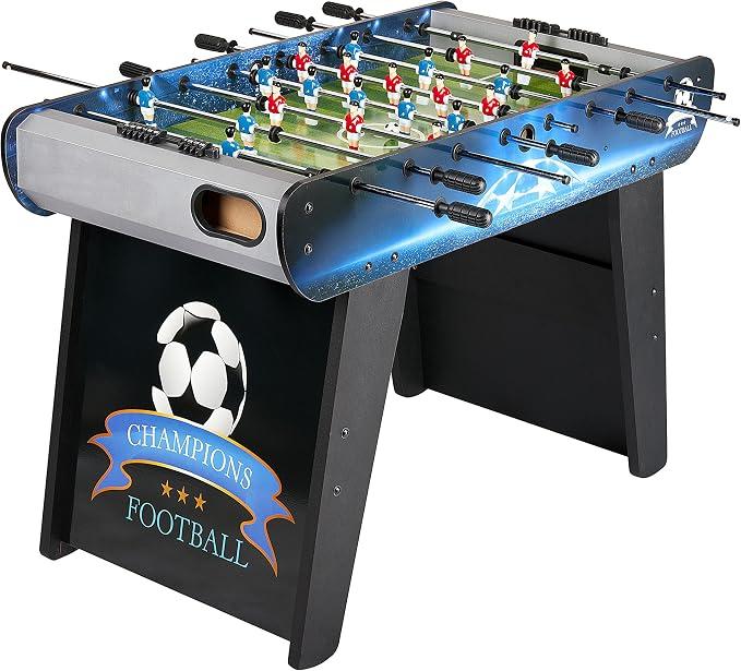 [HOHE QUALITÄT] Starke Holzkonstruktion sorgt für Stabilität, Komfort, Sicherheit und Haltbarkeit des Tisches, auch während der großen Fußball-Emotionen. Bunte, realistische Spielerfiguren sind auf leicht laufenden Metallschienen montiert die verseht sind mit Anti-Rutsch-Gummi-Griffen. [ZUBEHÖR] Im Set inklusive zwei Kugeln und Schiebetaflen um Anzahl der Tore festzuhalten. [DIMENSION] Gewicht: 25 kg. Abmessungen: 122 x 61 x 82 (Höhe) cm. Verpackungsabmessungen: 132 x 62,5 x 10,5 cm. [INFORMATION]
