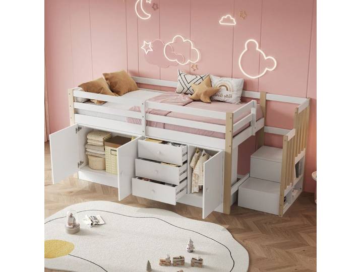 DRIPEX Lit superposé 90*200cm pour enfants avec 2 armoires de rangement Lit multifonctionnel avec tiroirs et escaliers Blanc