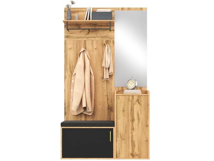WOVREO vestiaire d'entrée compact 100 x 38 x 185 cm avec miroir banc rembourré meuble à chaussures et rangement noir
