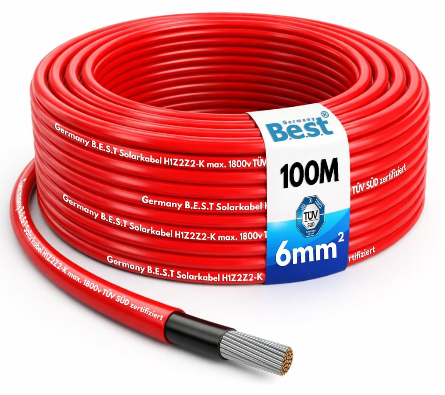 Zonnekabel 6mm² zuiver koper H1Z2Z2-K PV Rood 100m