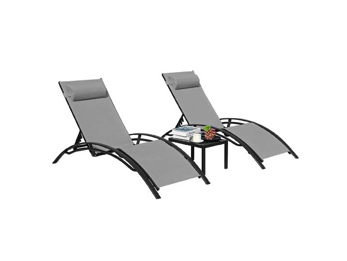 Chaise longue en aluminium pour l'extérieur, 5 positions réglables, table, piscine, jardin, plage, camping, arrière-cour, 3 pièces