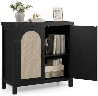 Garvee Set of 2 Wood Rattan Sideboard Buffet Cabinet with Adjustable Shelves Storage Console
