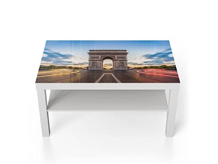 DEQORI Glastisch weiß groß 90x50 cm Motiv Triumphbogen in Paris ausgefallener Beistelltisch aus Glas Hochglanz Couchtisch fürs Wohnzimmer moderner Couch Tisch mit Design