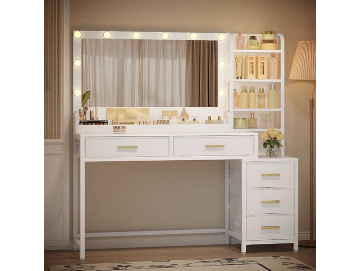 Table de toilette blanche, table de maquillage avec grand miroir, avec 5 tiroirs, 5 compartiments ouverts, espace de rangement devant le miroir