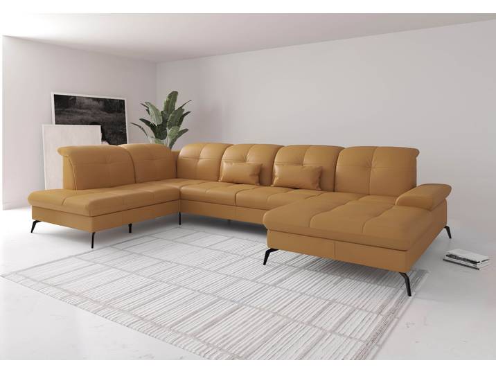 Wohnlandschaft, Naturleder, Curry, 357×231 cm, U-Form, Sitztiefenverstellung, Sitze für 6, sit&more