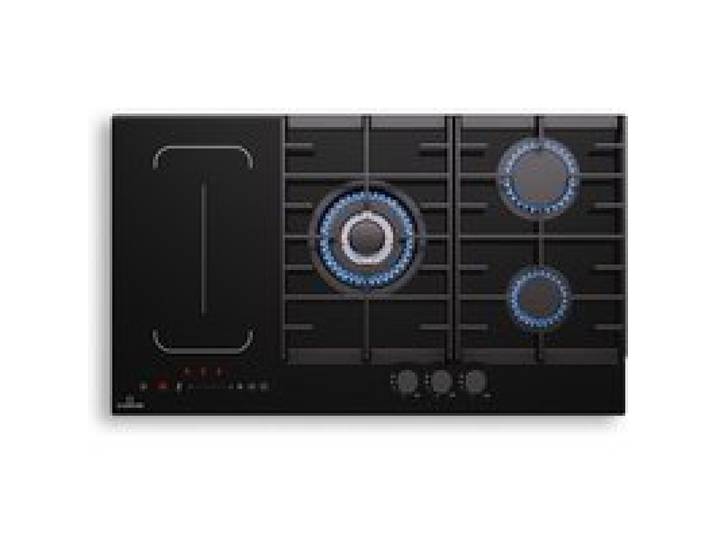 MultiChef 90cm Plaque de Cuisson Mixte Gaz Electrique 5 Z Verre Noir