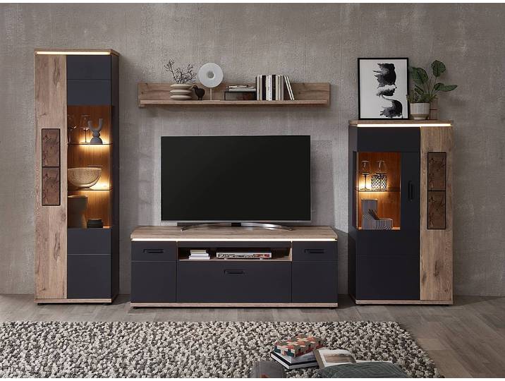 Beleuchtete Standvitrine 60 x 202 x 37cm Braun/Grau