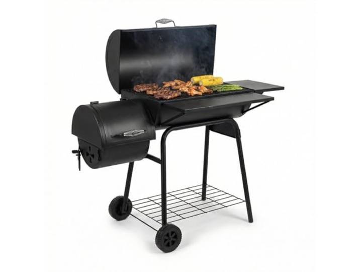 Lugia Holzkohlegrill mit Smoker – XXL Grillwagen 66x41 cm – BBQ Grill mit Deckel, Thermometer, Warmhalterost, Seitentisch & Flaschenöffner – Offset Smoker für Garten & Terrasse