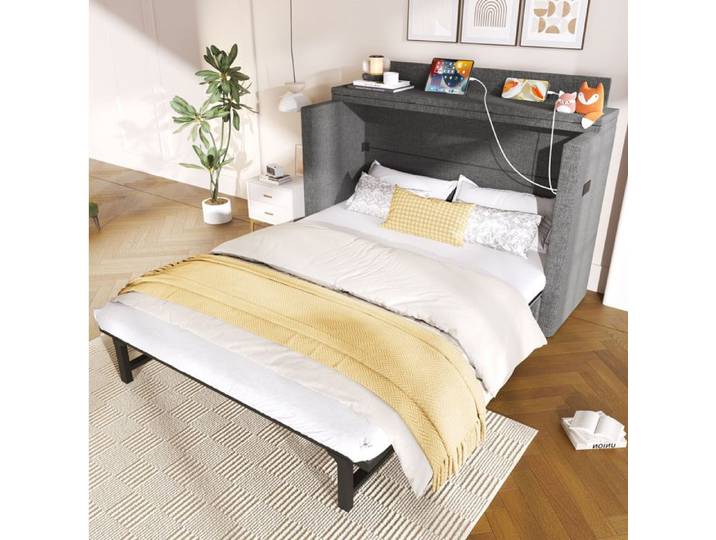 SENVIRO Lit escamotable 140 x 200 Chambre rangement USB Type C Lin Gris