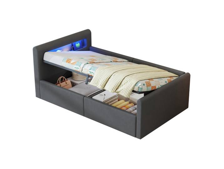 Flora Grace Kinderbett 90/200 cm Dunkelgrau mit LED-Beleuchtung, USB-Anschluss und Stauraum, Grau, 90x200 cm, Babymöbel & Kindermöbel, Kinderzimmer & Jugendzimmer, Kinderbetten