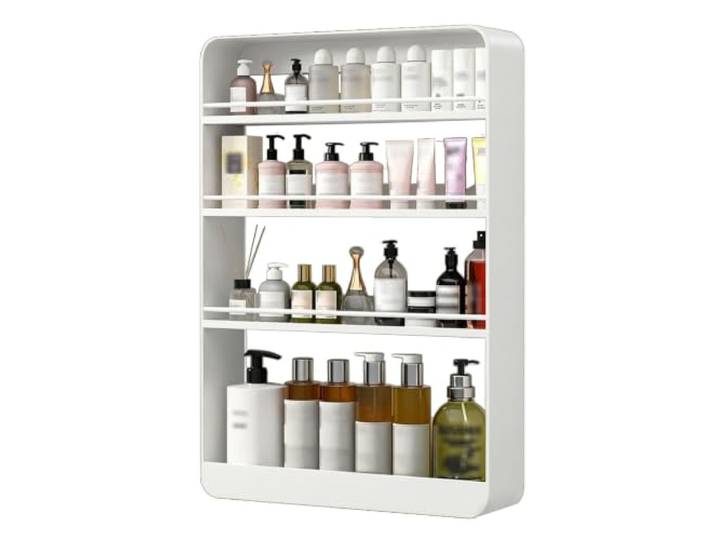Hängeschrank Küche, Kohlenstoffstahl Wandschrank Hängend, 8cm Extradünn Badezimmerschrank Hängend, Abgerundete Ecken, Rostbeständig, Offenes Regaldesign, Geländerdesign(White,50x8x70cm/20x3x27in)