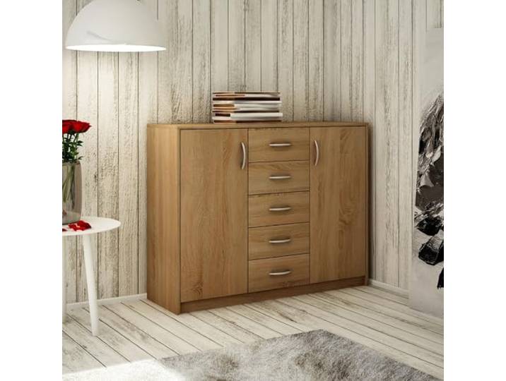 Home Collective Kommode mit 5 Schubladen und 2 Türen in matt Kommode 110cm breit mit hochwertigen Polymergriffen Holz Schrank Kommode mit Schubladen Aus laminierter Platte gefertigt Sonoma