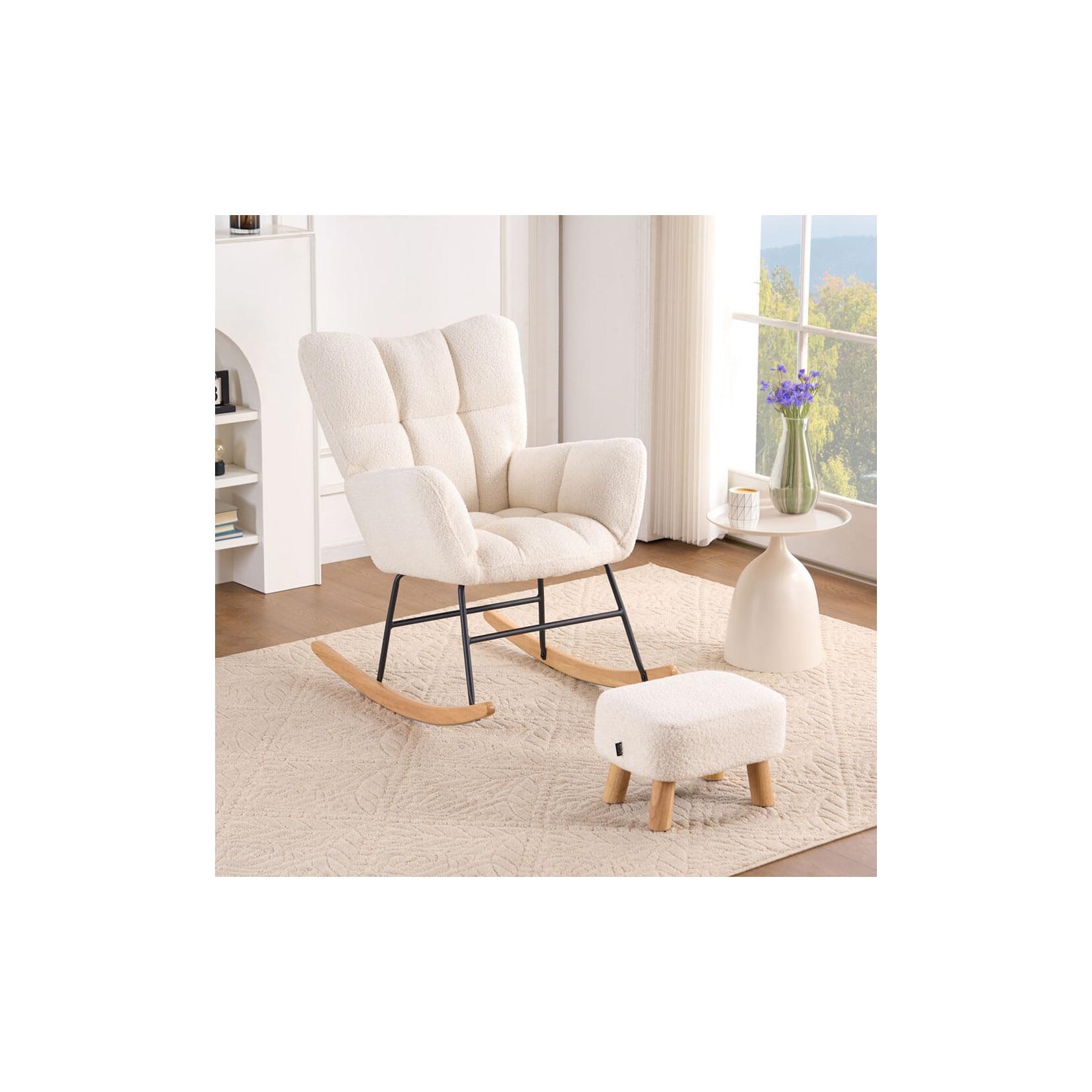 HOME DELUXE Schaukelstuhl inkl. Hocker NARA - Bouclé Weiß