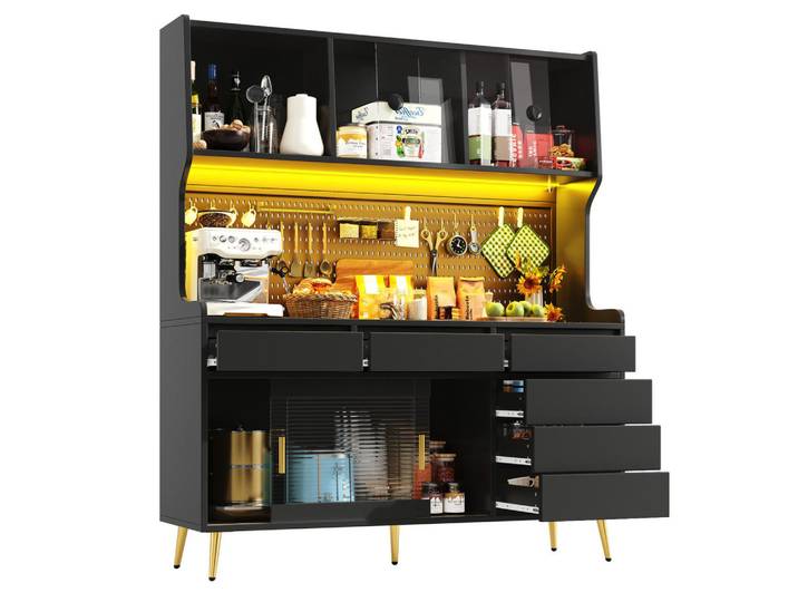 Flora Grace Buffet 145/39/171 cm in Schwarz mit LED-Beleuchtung und Schiebetüren, 145x171x39 cm, Esszimmer, Anrichten, Buffetschränke