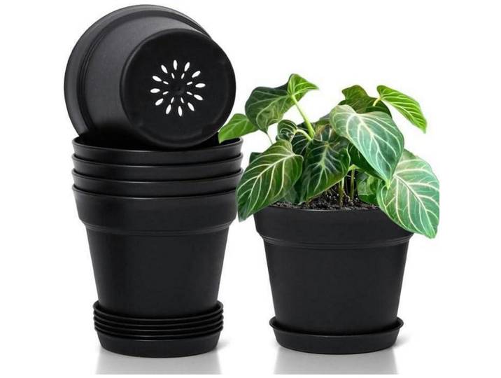 Blumentopf 6er-Set mit Untersetzer Schwarz 19 cm, Kunststoff, 19x15.5x19 cm, Dekoration, Blumen & Blumentöpfe, Übertöpfe