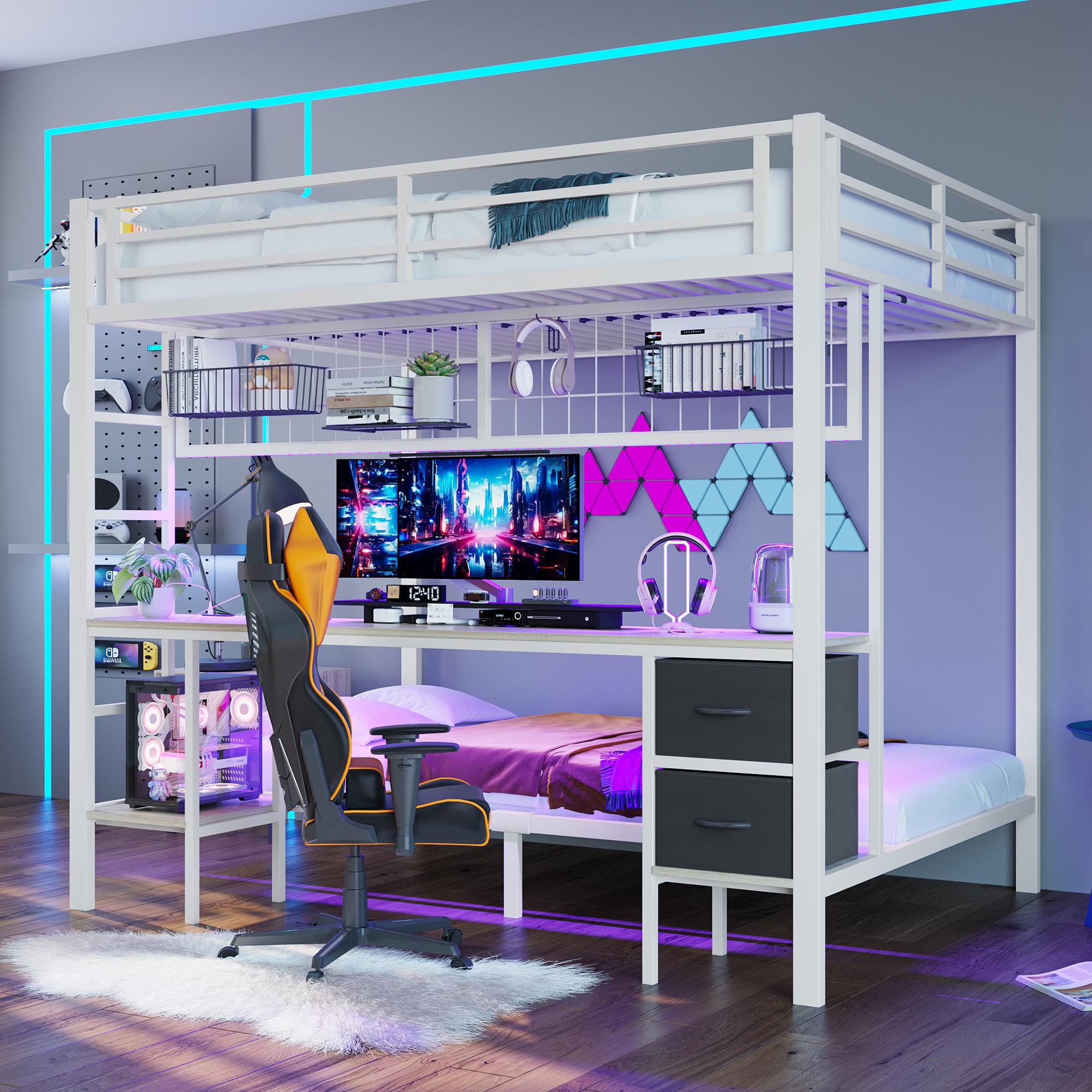 Merax Etagenbett Hochbett 140x200 cm mit Schreibtisch, Schubladen, Ablagen, Gitter, 7-farbige LED, USB, Stockbett, Eisenbett Kinderbett, Weiß
