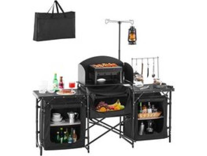 VEVOR Camping Küchentisch Outdoor Kochtisch, tragbare Kochstation aus Aluminium mit 3 Lagerschränken& Tragetasche, & abnehmbarer Windschutzscheibe, für Grillpartys Picknicks Wohnmobilreisen schwarz