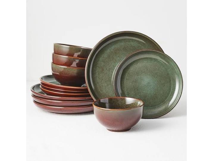 Pokini Geschirr-Sets, Steingut Keramik-Geschirrset mit reaktiver Glasur, mikrowellen- und spülmaschinenfest, sehr splitter- und rissfest, braun-grün