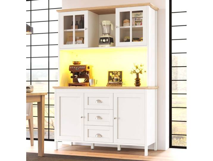 Buffet Haut Cuisine - éclairage LED - 4 portes et 3 tiroirs - 120 × 40 × 179 cm - blanc