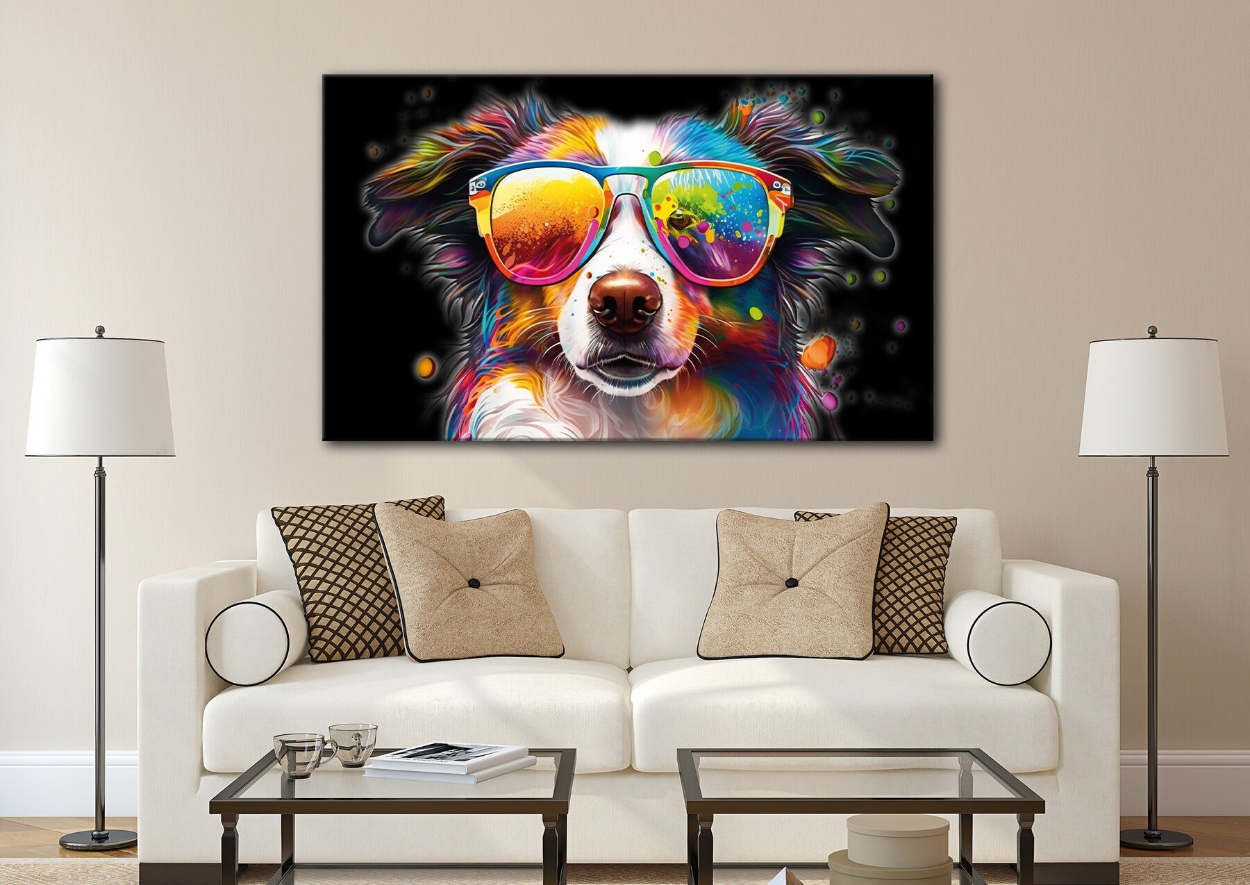 Leinwandbild BÖNNINGHOFF "Wandbild BUNTER HUND XXL 90x150 cm – Leinwandbild Keilrahmen Deko", bunt (farbe bild(er): schwarz, orange, blau, weiß), B:150cm H:90cm T:4,5cm, Canvas, MDF, Bilder, Leinwandbild, auf Keilrahmen gespannt farbe bild(er): schwarz, o