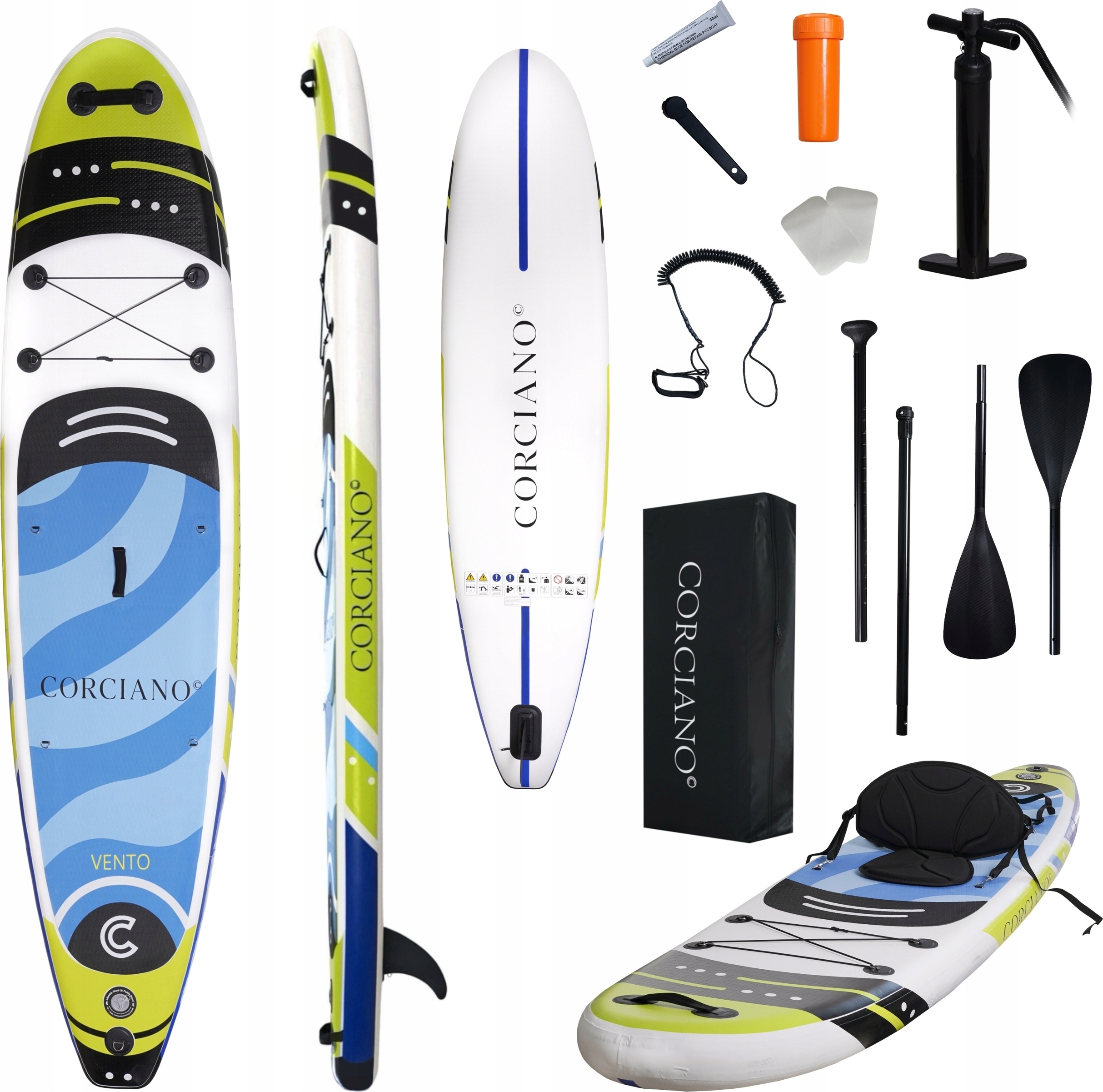 SUP-Board 350 cm Corciano mit Pumpe, Paddel, Sitz, Rucksack-Set 150 kg